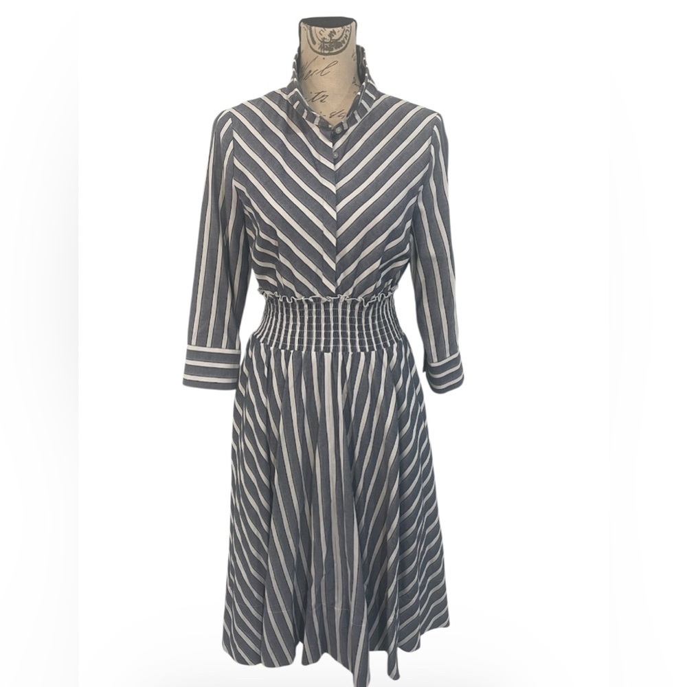 Eliza J Striped Shirt Dress Blue White Midi Elastic Waist Pockets Size 10